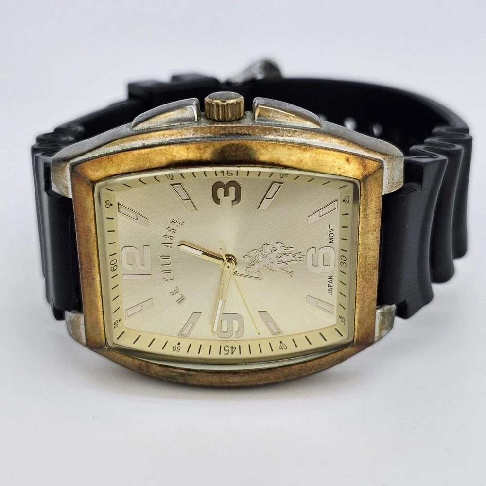 US Polo Assn Men's Watch 42mm Gold Dial Case New Black Platic Bands New‎ Battery